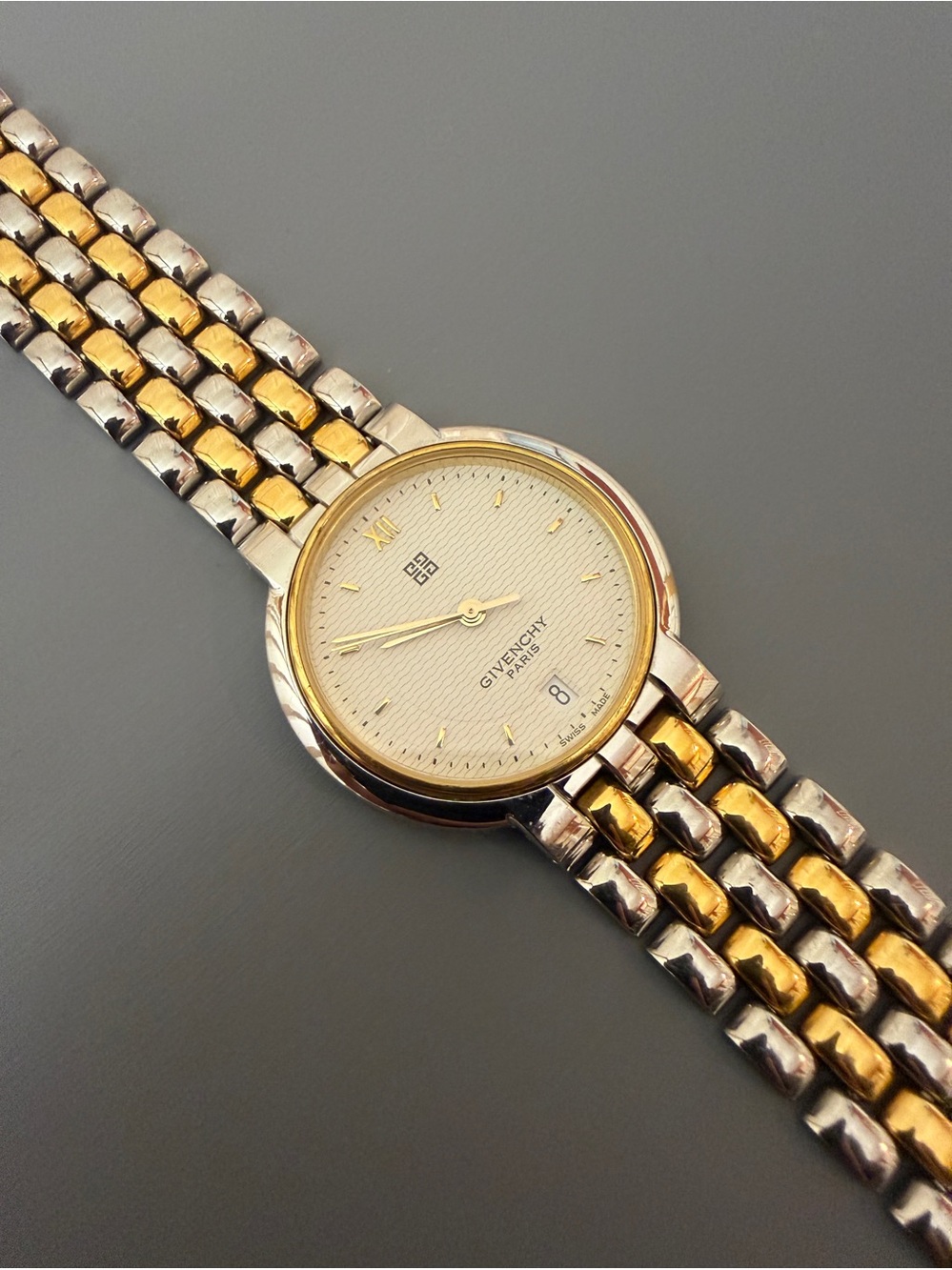 Vintage Givenchy Paris Two Tone Gold & Silver Swiss Quartz Dress Watch 32mm